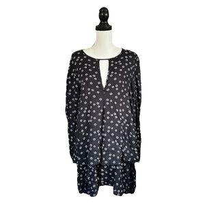 Free People Beck Mini Dress Flowy Tiered Black Floral Tunic Long Sleeve Boho M